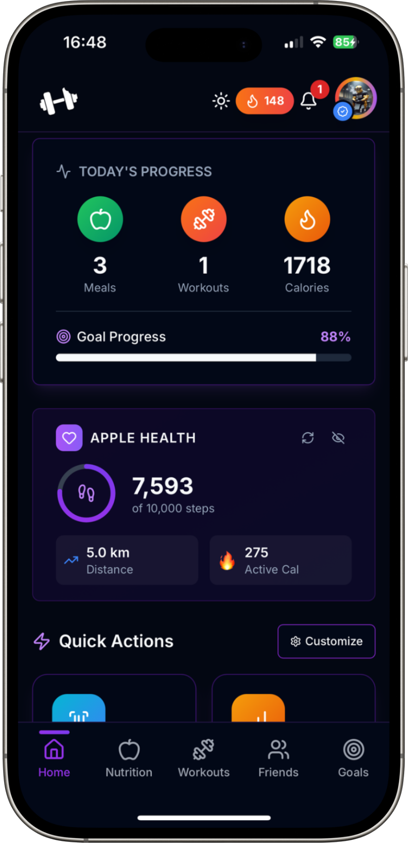 BarbellBites app showing daily progress, nutrition tracking and workout stats